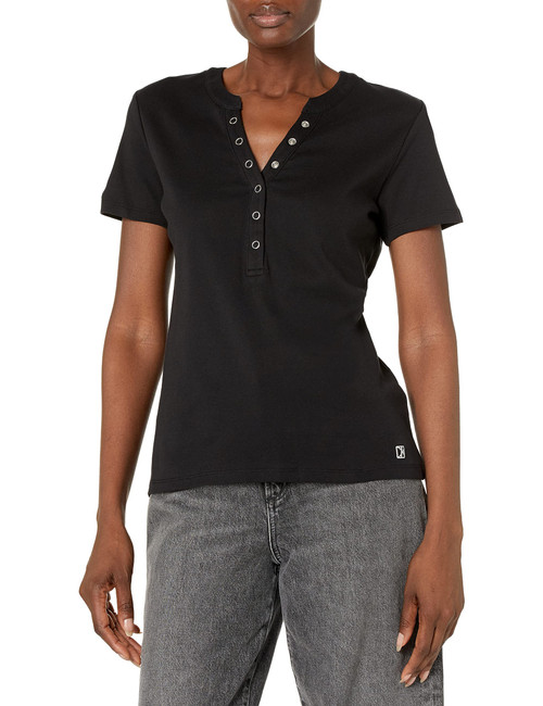 Calvin Klein Women's Lower Neckline 1x1 Rib Cotton Snap Detail Casual Short Sleeve, Black