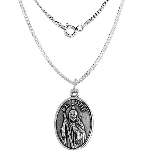 Sterling Silver St Jude Medal Necklace Oxidized finish Oval 16 inch CRB_50