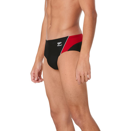 Speedo Men's Swimsuit Brief Endurance+ Splice Team Colors , Black/Red Splice , 32