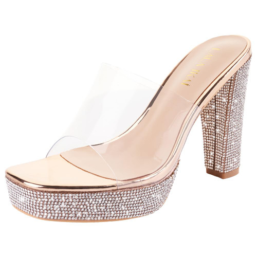 LALA IKAI Women's Platform Slip On Heels Clear Straps Sandals Chunky Block Mules With Rhinestones Wedding Party Evening Prom Dance Shoes