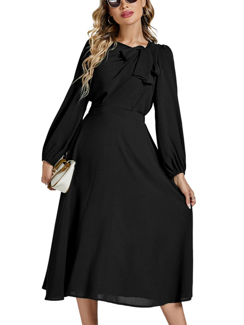 LYANER Women's Elegant Bow Tie Crew Neck Puff Long Sleeve A-Line Swing Midi Dress Black Small