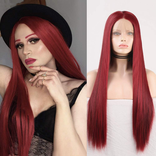RONGDUOYI RDY Wine Red Wig Long Silky Straight Synthetic Lace Front Wig for Women Glueless Heat Resistant Fiber Hair Natural Hairline Burgundy Wig Daily Use Cosplay Wig 24 Inch
