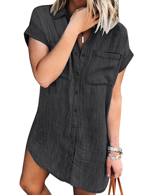 Zilcremo Women Denim Shirt Dresses Short Sleeve Distressed Jean Dress Button Down Casual Cotton Tunic Top Black M