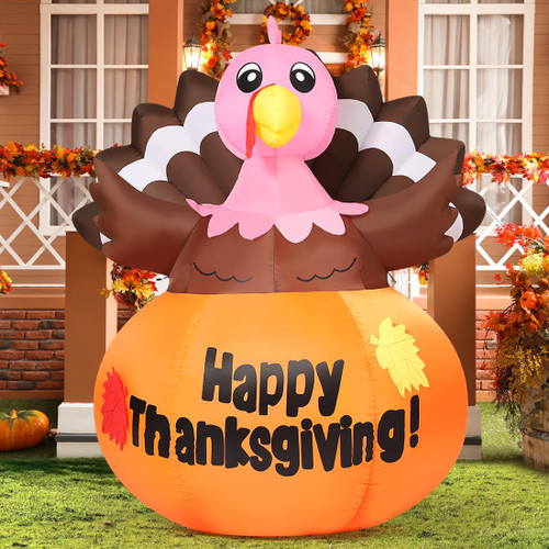 COMIN 5 FT Tall Thanksgiving Inflatables Turkey in Pumpkin with Built-in LEDs Blow Up Yard Decoration for Holiday Party Indoor Outdoor Garden Lawn