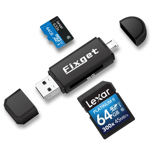 Fixget Memory Card Reader, SD/Micro SD Card Reader/ Micro USB OTG to USB 2.0 Adapter with Standard USB Male /Micro USB Male Connector for PC / Notebook / Smartphones/Tablets with OTG Function