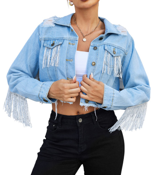 HOTLOOX Women's Jean Jacket Frayed Cropped Denim Jacket Button Up Fringe Jacket With Pockets Light Blue M