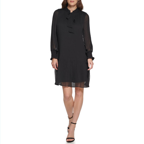 DKNY Women's Long Sleeve Dress, Black Tie Neck, 2