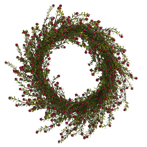 Nearly Natural 20in. Boxwood and Berries Artificial Wreath, Green