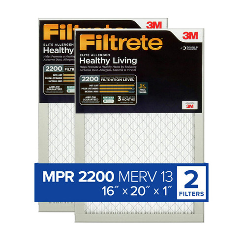 Filtrete 16x20x1 Air Filter, MPR 2200, MERV 13, Healthy Living Elite Allergen 3-Month Pleated 1-Inch Air Filters, 2 Filters