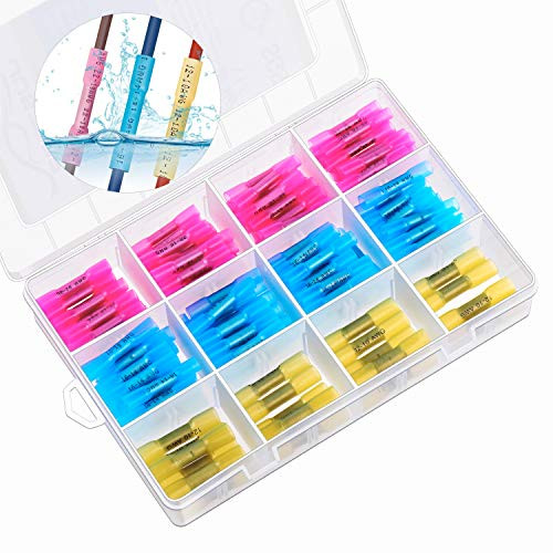 200 PCS JustTop Heat Shrink Butt Connector Terminals Waterproof Wire Connectors Insulated Automotive Marine Electrical Terminals Kit(22-16 AWG, 16-14 AWG, 12-10 AWG) Crimp Butt Splice Terminal Kit