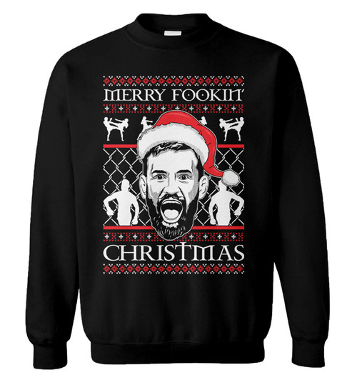 Haase Unlimited Merry Fookin' Christmas - Conor Fighter MMA Unisex Crewneck Sweatshirt (Black, XX-Large)