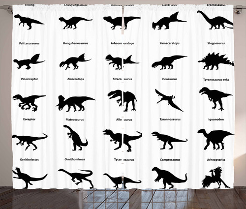 Ambesonne Dinosaur Curtains, Composition Different Dinosaurs Silhouettes Their Names Evolution Wildlife, Living Room Bedroom Window Drapes 2 Panel Set, 108" X 63", White Black