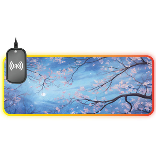 llsxi Stitched Edge Pink Flower Wireless Charging Gaming Desk Pad with Non-Slip Base,11.81"x27.59"Large Lighted Mouse Pad Desk Mat,Computer Pad Keyboard Mousepad