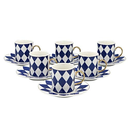 Porcelain Bone China Espresso Turkish Coffee Demitasse Set of 6 Cups + Saucers (Blue Diamonds)
