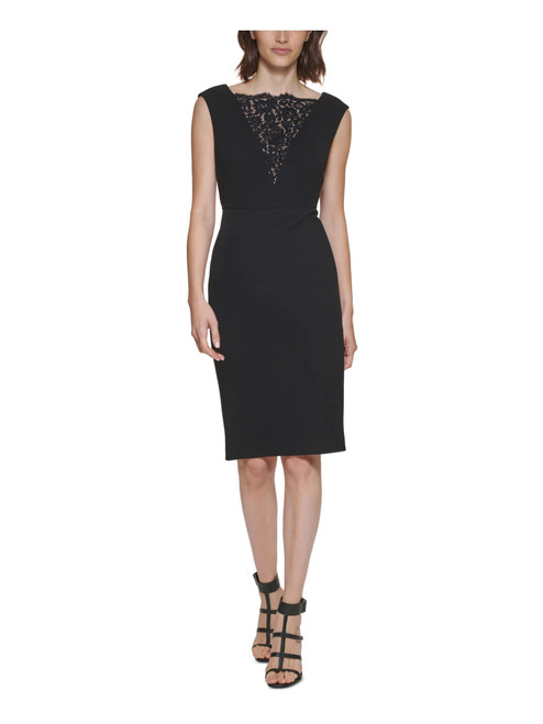 Calvin Klein Womens Black Lace Zippered V-Back Sleeveless Boat Neck Knee Length Cocktail Sheath Dress 10