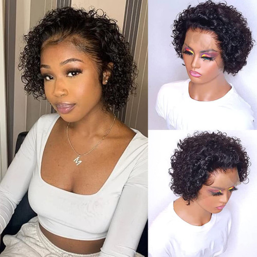 SUPERNOVA 8 Inch Short Bob Wig for Black Women Pre Plucked Curly Wave 13x1 Pixie Cut Wig Brazilian Glueless Lace Front Wigs with Baby Hair Short Cut Pixie Wig (Natural Black,150% Density)