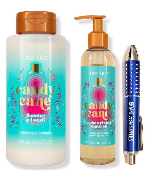 Candy Cane Foaming Gel Wash, 18 Fl.oz and Candy Cane Shave Oil, 7.7 Fl.oz, Packaged with BRYANT DESAI SUPPLIES Pen