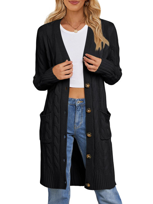 MEROKEETY Women's 2023 Long Sleeve Cable Knit Long Cardigan Open Front Button Sweater Outerwear Black