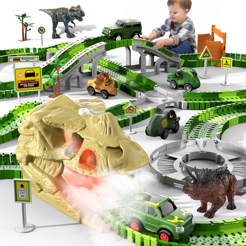 iHaHa 249 PCS Dinosaur Toys Race Car Track, Toys for Kids Toddler Boys Ages 2-4 3-5 4-6, Dinosaur Race Tracks Toys with Light, Sound & Spray, Birthday Dinosaur Toys Gifts for 2 3 4 5 Year Old Boys