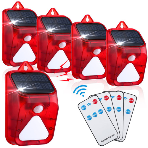 4 Pack Motion Alarm Solar Sound Light Motion Sensor Alarm Strobe Light Motion Detector Alarm 129db Security Outdoor Alarm Siren Ip65 Waterproof for Farm, Barn, Villa, Home, Yard, Barn