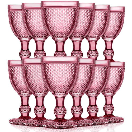 Bokon 12 Pack Wine Glasses Red Wine Glass Goblets High Clear Wine Glass 10 oz Vintage Glass Goblet Embossed Diamond Design Glassware Goblet with Stem for Juice Liquor Party Wedding Bar (Claret)