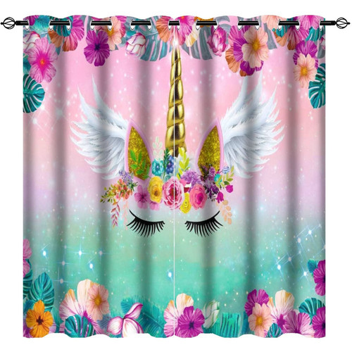 Unicorn Curtains Grommet Blackout Room Darkening Curtains with Flower Cute Eyelash Wing Print Pattern Window Drapes for Girls Bedroom Living Room 2 Panels 42 x 63 Inch