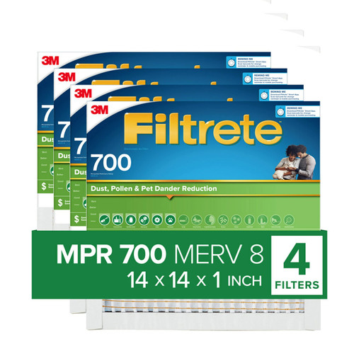 Filtrete 14x14x1 Air Filter, MPR 700, MERV 8, Clean Living Dust, Pollen and Pet Dander Reduction 3-Month Pleated 1-Inch Air Filters, 4 Filters