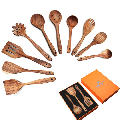 Wooden Spoons for Cooking,10 Pcs Natural Teak Wooden Cooking Utensils Wooden Kitchen Utensils Set Wooden Utensils for Cooking Wooden Spatulas for Cooking