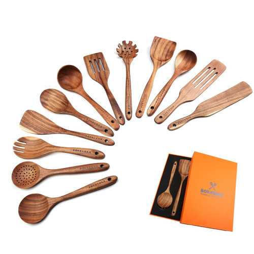 Wooden Spoons for Cooking,12 Pack Wooden Utensils for Cooking Wooden Cooking Utensils Wooden Kitchen Utensils Set Natural Teak Wooden Spatulas for Cooking