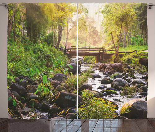 Ambesonne Landscape Curtains, Small Waterfall in Deep Forest Thailand Sunlight Morning Nature Scenery, Living Room Bedroom Window Drapes 2 Panel Set, 108" X 84", Green Grey Brown