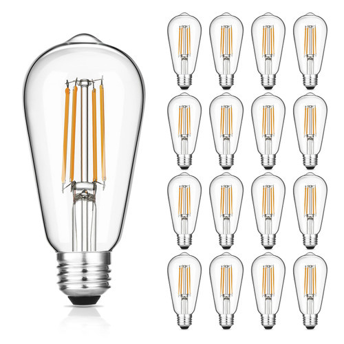 Gozelux Vintage LED Edison Bulbs, 6W, Equivalent 60W, Dimmable, High Brightness Warm White 2700K, ST58 Antique LED Filament Bulbs with 90+ CRI, E26 Medium Base, Clear Glass, Pack of 16