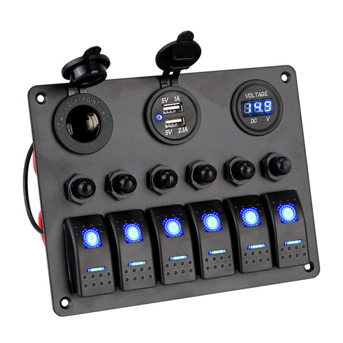 Marine Switch Panel 6 Gang ON Off Rocker Switch Panel 12V Voltmeter Dual USB Charger Cigarette Lighter Socket with Night Glow Stickers Boat Rocker Switch for Boats RVs Trucks Cars?Blue)