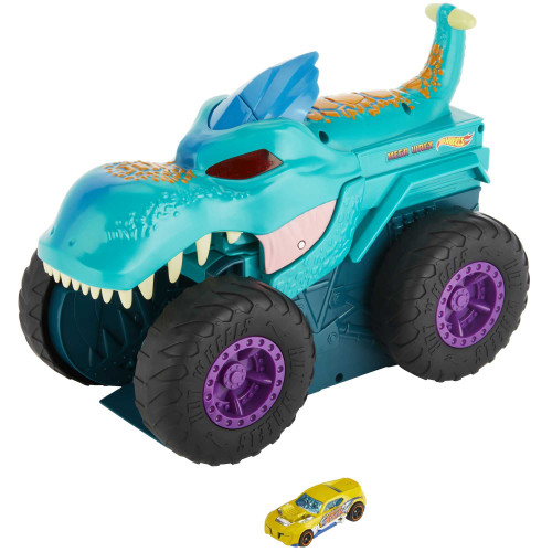 Hot Wheels Monster Trucks Car Chompin' MEGA-Wrex, Large Toy Monster Truck & 1:64 Scale Toy Car, "Eats" & "Poops" 1:64 Scale Vehicles