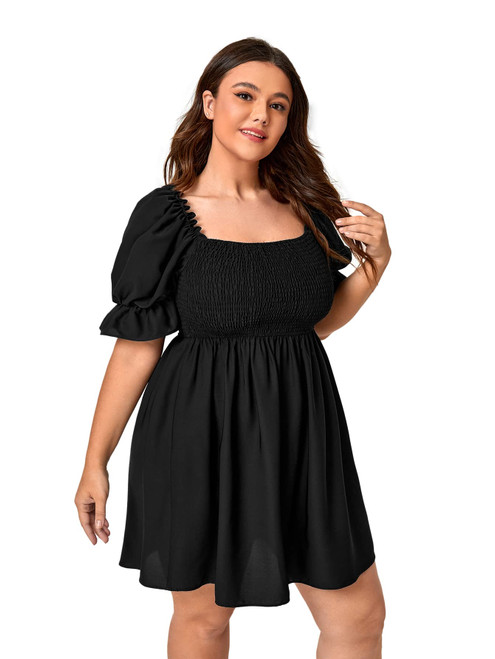 WDIRARA Women's Square Neck Flounce Short Sleeve Shirred Ruffle Hem Dress Plus Black L