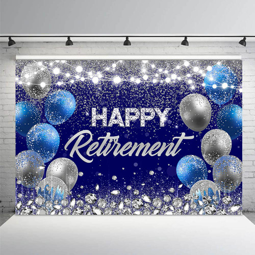 MEHOFOND 10x7ft Happy Retirement Party Backdrop Blue and Sliver Congrats Retire Photography Background Photo Glitter Balloons Cake Table Supplies Banner Props Party Decorations