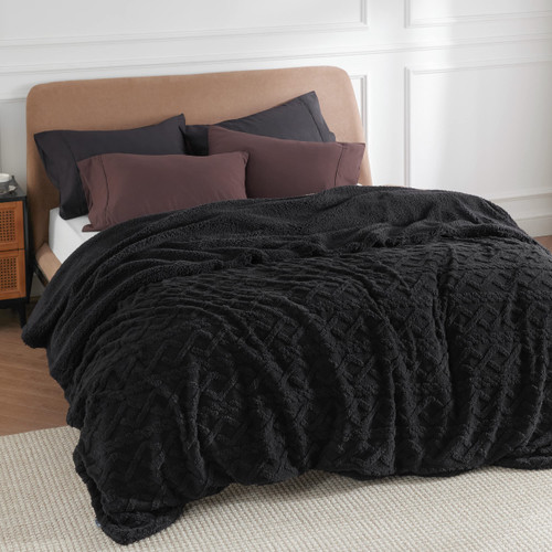 Bedsure Sherpa Queen Size Blanket for Bed - Fuzzy Soft Cozy Blanket Queen Size, Fleece Thick Warm Blanket for Winter, Black Fall Blanket, 90x90 Inches