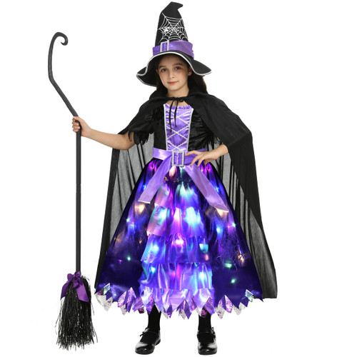 Doxrmuru Halloween Girls Witch Costume Light up Fairytale Witch Costume with Witches Hat (5-7 Years)