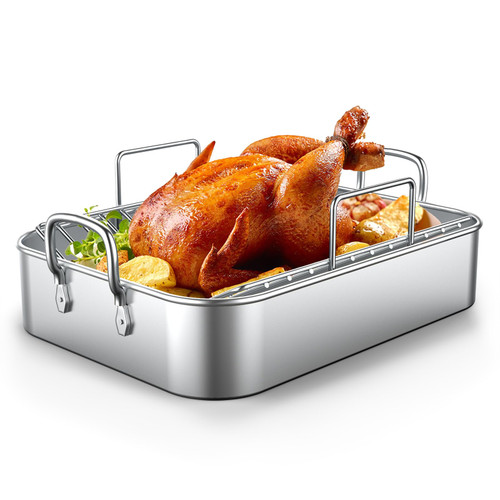 Roasting Pan, 17*13 Inch Stainless Steel Turkey Roaster with Rack - Deep Broiling Pan & V-shaped Rack & Flat Rack, Non-toxic & Heavy Duty, Great for Thanksgiving Christmas Roast Chicken Meat Lasagna Roasting Pan, 17*13 Inch Stainless Steel Turkey Roaster with Rack - Deep Broiling Pan & V-shaped Rack & Flat Rack, Non-toxic & Heavy Duty, Great for Thanksgiving Christmas Roast Chicken Meat Lasagna