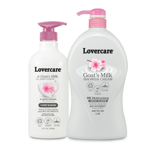 Lovercare Combo Goat Milk Moisturizing Body Wash Shower Cream Cherry Blossom 40.7 fl oz & Lovercare Goat Milk Cherry Blossom Body Lotion 27 fl oz