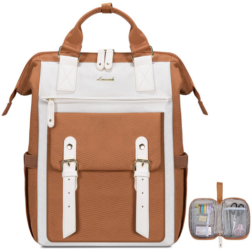 LOVEVOOK Laptop Backpack,Teacher Nurse Work Travel Backpacks Purse for Women, Computer Bag with USB Charging Port, 15.6 inch Brown White