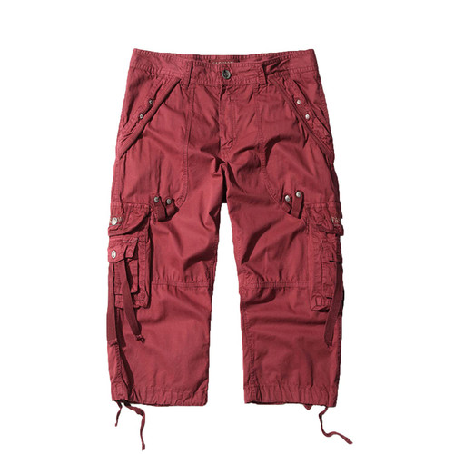 Men's Loose Multi-Pocket Outdoor Long Cargo Shorts Casual Twill Elastic Below Knee Capri Pants 3/4 Relaxed Long Short (Red,31)
