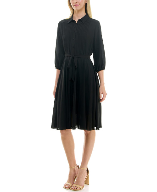 Nanette Nanette Lepore Women's Elbow Sleeve Pintuck Shirt Dress with Self Lining, Very Black, 8