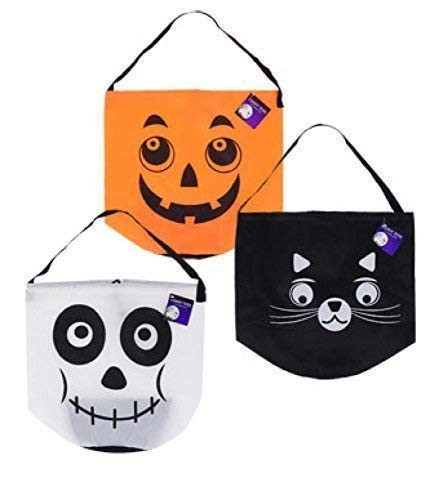 Halloween Autumn Fall Halloween Candy Trick or Treat Tote Bags Ghost, Cat & Pumpkin Bonus Strobe Light Bundle of 3