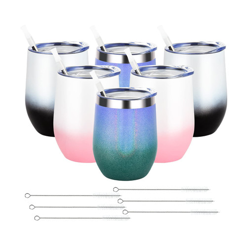 6 Pack Stainless Steel Wine Tumblers 12Oz, Double Wall Vacuum Insulated Wine Tumbler with Lids and Straws, Stainless Steel Stemless Wine Tumbler for Cold and Hot Drinks