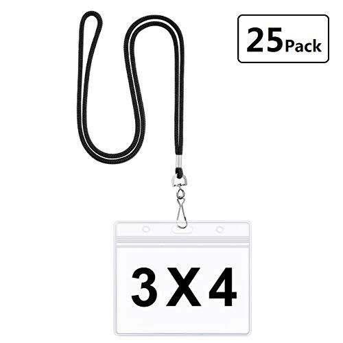 Horizontal 3x4 ID Badge Holder with Lanyard Clear Plastic Name Tag Holders ID Card Holder by LONOVE (Satin Black, 25Pack)