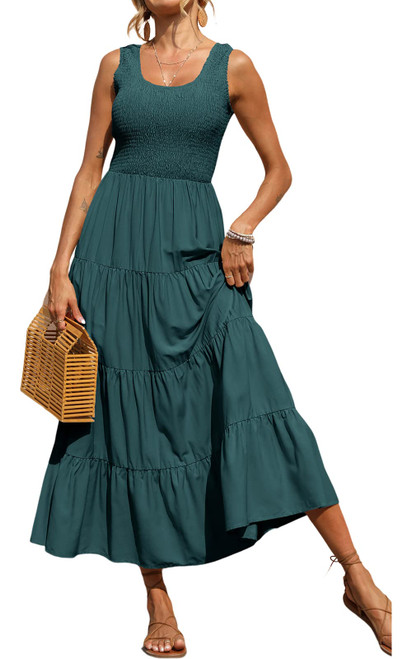 PRETTYGARDEN Women's 2023 Summer Bohemian Sleeveless Smocked Ruffle Tiered Beach Maxi Sun Dress Casual Tank Long Dresses (Blue Green,Medium)