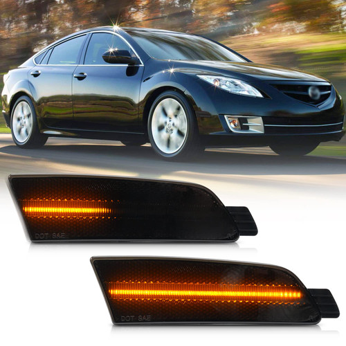 NSLUMO Dynamic Amber LED Side Marker Lights Replacement for 2009-2013 Mazda 6 Front Fender Led Turn Signal Indicator Blinker Lamps Assembly Smoked Lens OEM Fit Sidemarker
