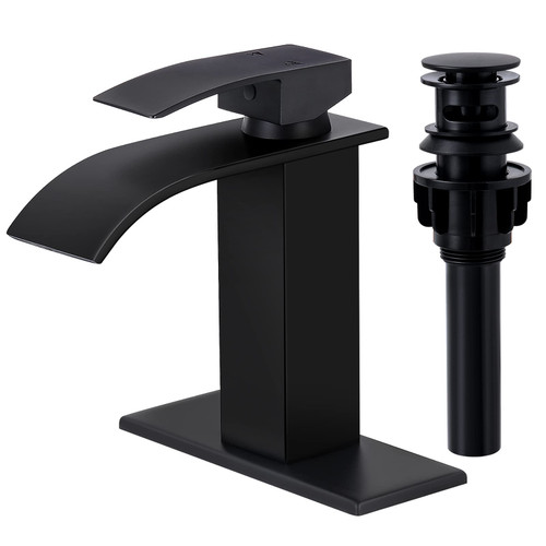 DJS Waterfall Bathroom Faucet, Single Handle Modern Bathroom Faucets for 1 or 3 Hole Bathroom Sink Faucet Mixer Tap Washbasin, Faucet with Deck, Pop-up Drain and Supply Hoses