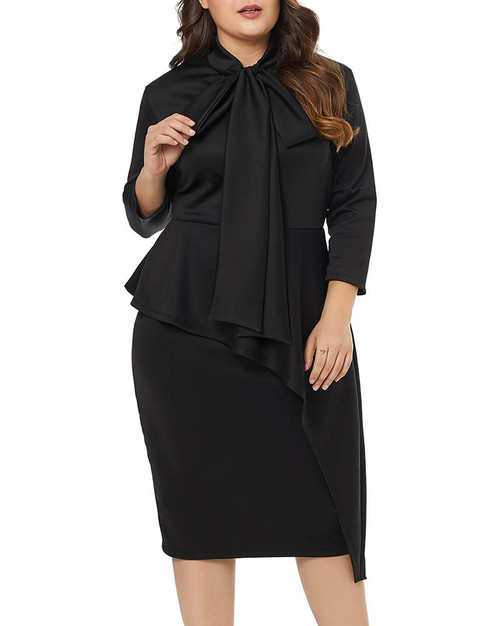 LALAGEN Women's Plus Size Long Sleeve Peplum Tie Neck Bodycon Pencil Midi Dress Black XXXXL