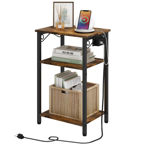 Hoctieon End Table with Charging Station, 3 Tier Nightstand with Storage Shelf, Side Table with USB Ports and Outlets, Bedside Table for Living Room, Bedroom, Steel Frame, Rustic Brown